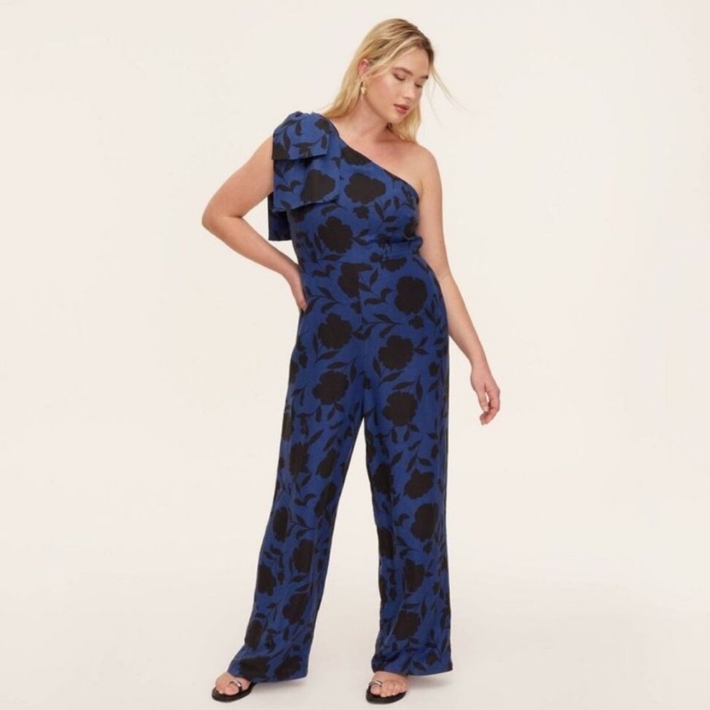 Kate spade blue black floral one shoulder jumpsuit - Picture 2 of 11